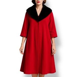Vintage 1950s Red Swing Coat Black Faux Fur Collar Bains Las Vegas Medium Glam